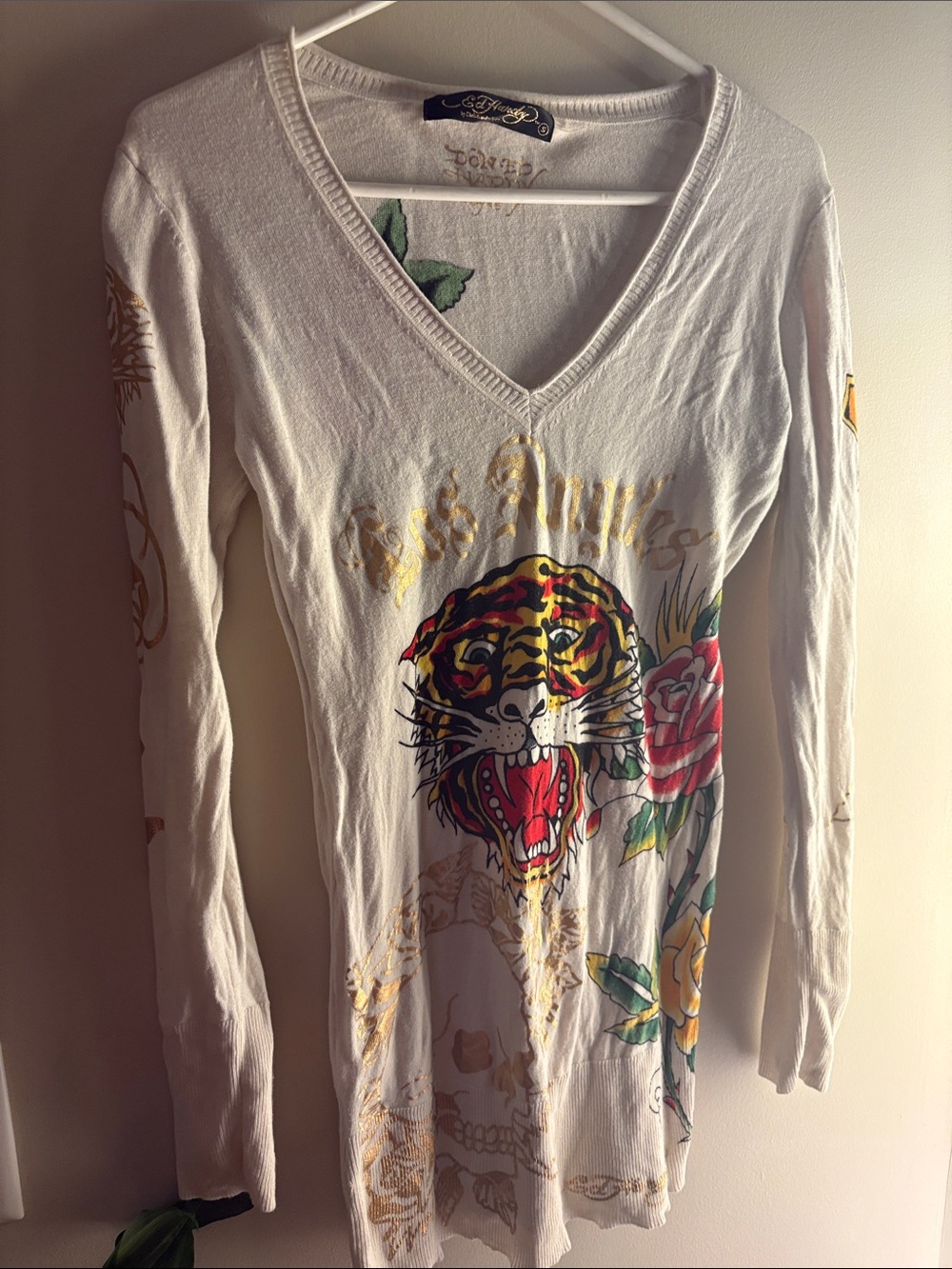 Don Ed Hardy White V-Neck Tee with Floral Accent